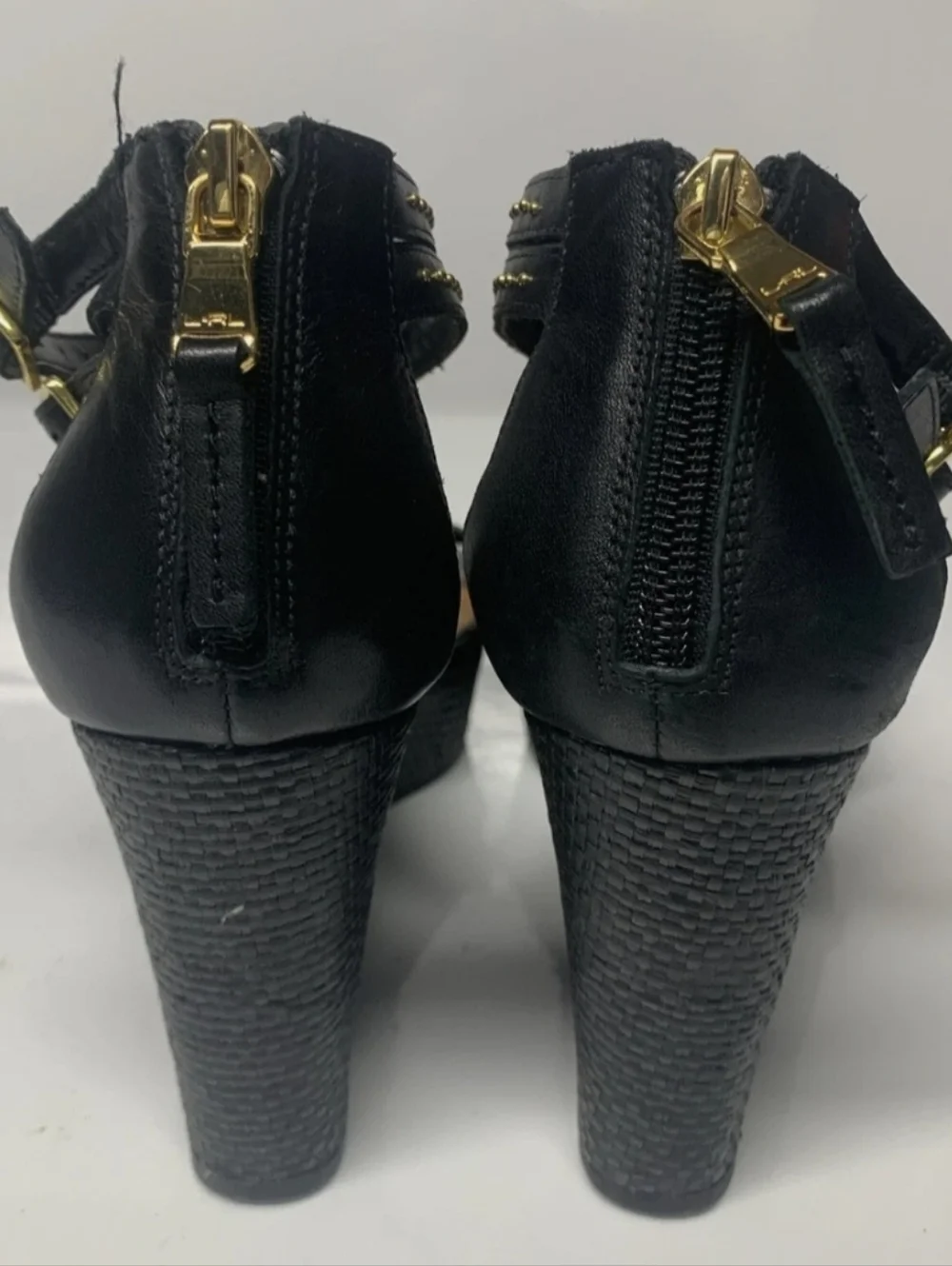 Ralph Lauren Black Braided T-Strap Wedge Sandals with Gold Studs
